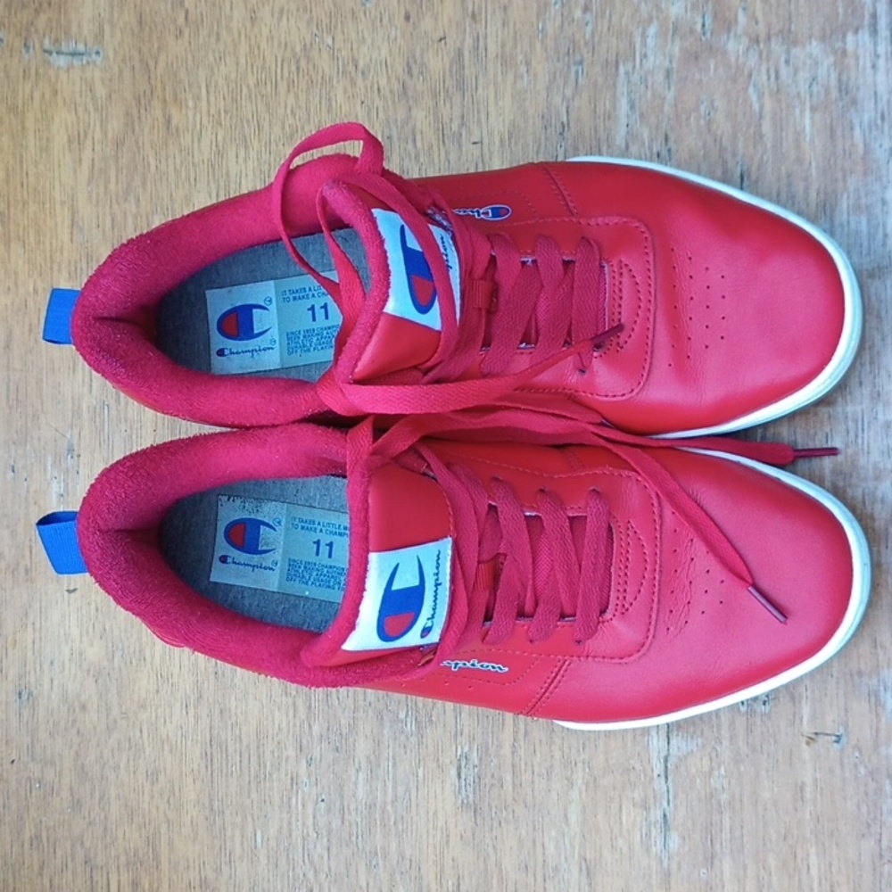 Champion, red basketball shoes, men's red leather sneakers, rubber sole sz 11